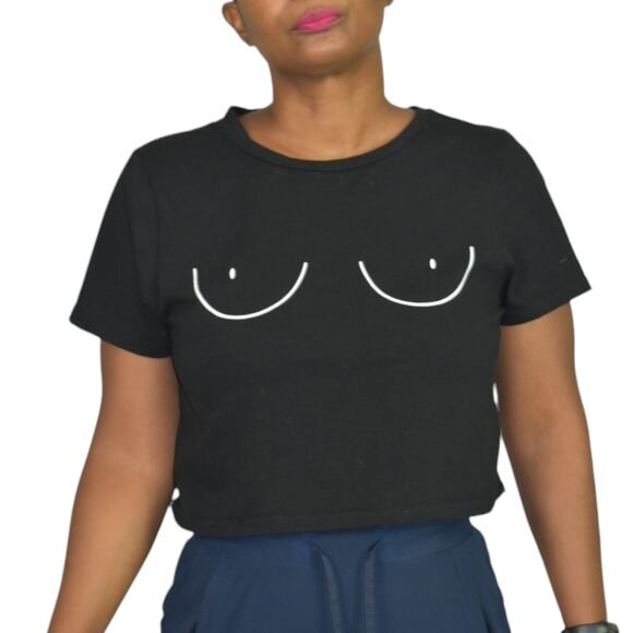 7 Day Wknd Boobs Crop Top Black Boobies Graphic Tee Cropped Cotton Shirt Small - Picture 10 of 13